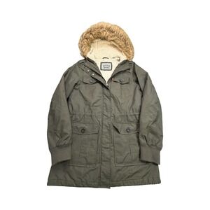 Levis Parka Jacket Womens S Green Sherpa Faux Fur Hood Cotton Blend Workwear